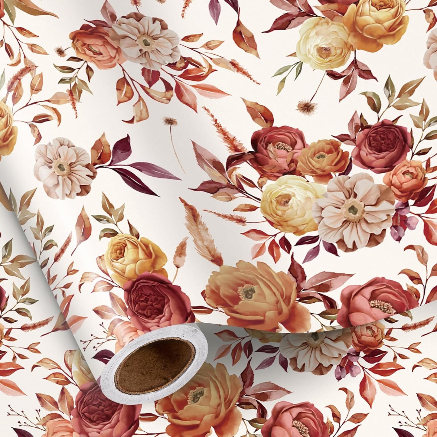 RUSPEPA Fall Floral Wrapping Paper Roll for Women Girls, Mini Roll, Vintage Rose and Autumn Bloom Bouquet Design Gift Wrap for Thanksgiving, Wedding, Birthday, Bridal Shower, 17 Inches x 16.4 Feet