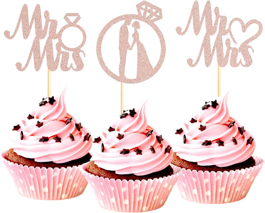 Sotpot 24PCS Miss to Mrs Cupcake Toppers with Ring Rose Gold Glitter for Wedding Bridal Shower Wedding Engagement Party Cake Decorations