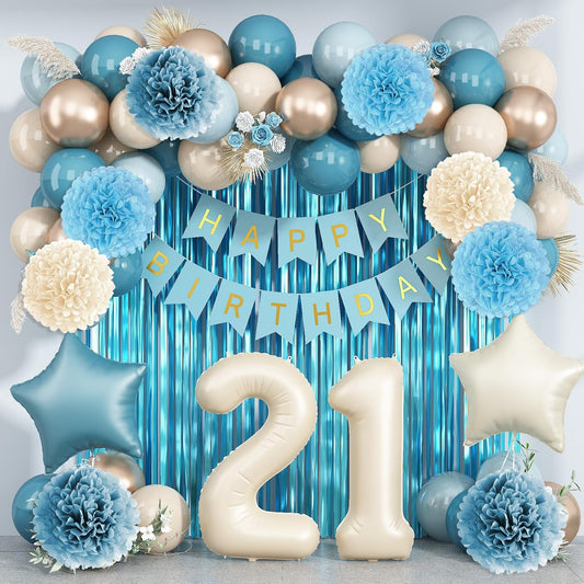 Dusty Blue 21st Birthday Decorations for Him Her Beige Cream Number 21 Balloon Blue Gold Happy Birthday Banner Fringe Curtain Paper Pom Poms Nude White Sand Champagne Star Foil Balloons Party Decor