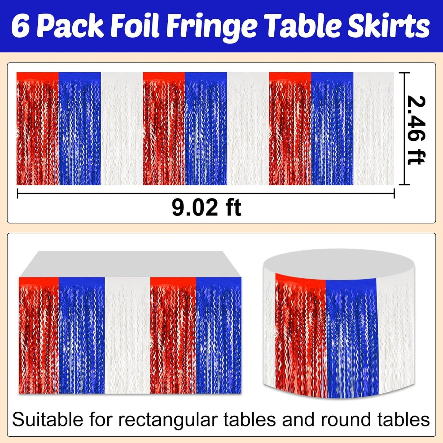6 Pack 29x108 Inch White Blue Red Wave Foil Fringe Table Skirts Metallic Banner for Tinsel Streamer Garland Backdrop for Parade Floats Wedding, Mother's Day, Birthday Mardi Gras Party Decorations