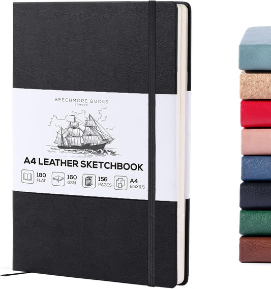 Beechmore Books A4 Sketchbook – 8.5x11 Premium Vegan Leather Bound Large Sketch Book Hardcover with 156 Thick 160gsm Perforated Ivory Pages, Blank Sketch Pad, Gift Boxed, Back Pocket, Ribbon Bookmark