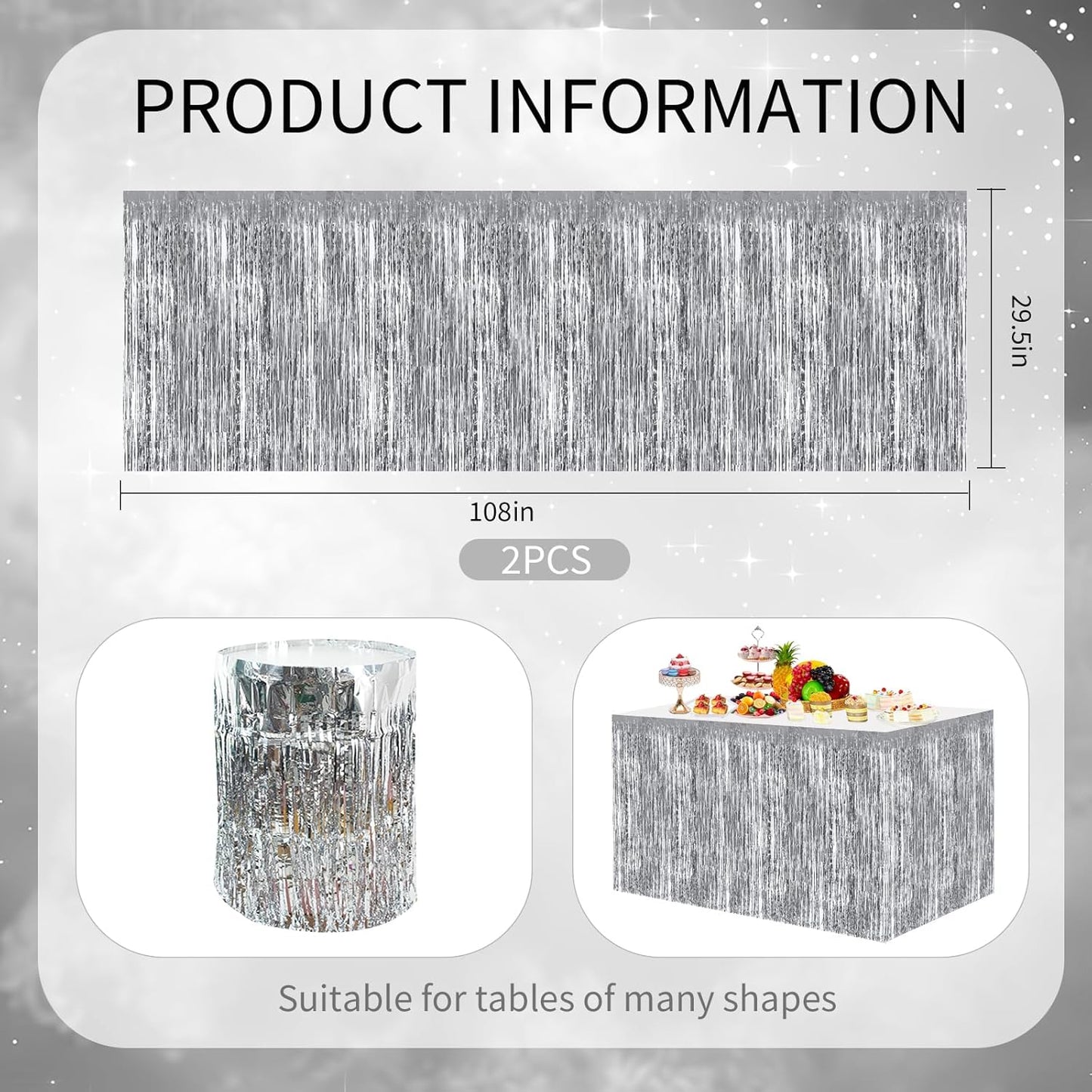 BEISHIDA 2 Pack Silver Table Skirts Party Decorations Metallic Tinsel Foil Fringe Table Skirts Table Decors for Rectangle and Round Table Birthday Holiday Party Cartoon Party