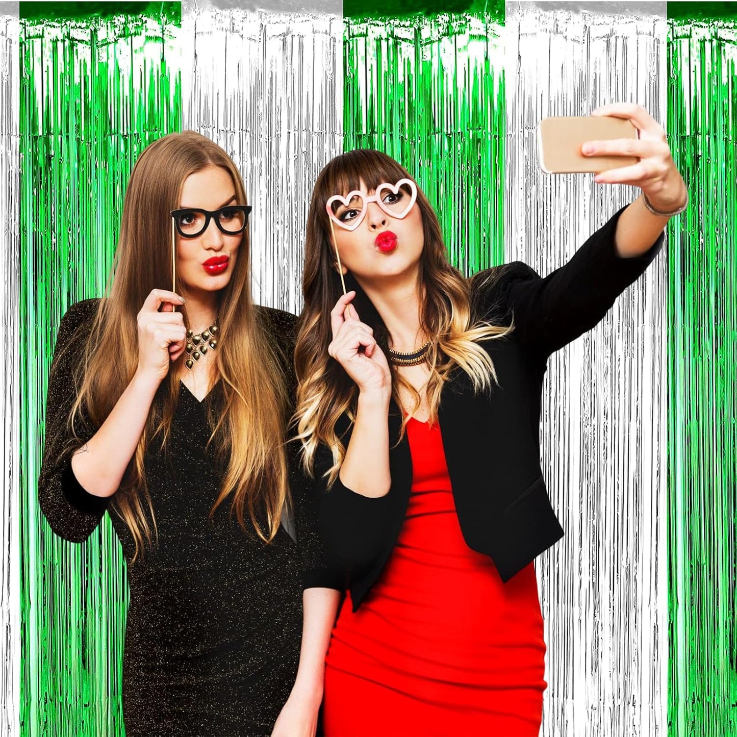 4 Pack Silver Green Foil Fringe Curtain Backdrop, 3.28Ft x 9.8Ft Metallic Tinsel Foil Fringe Streamers Curtains for Photo Booth, Wedding, Mardi Gras, Birthday Carnival St Patrick Day Party Decoration