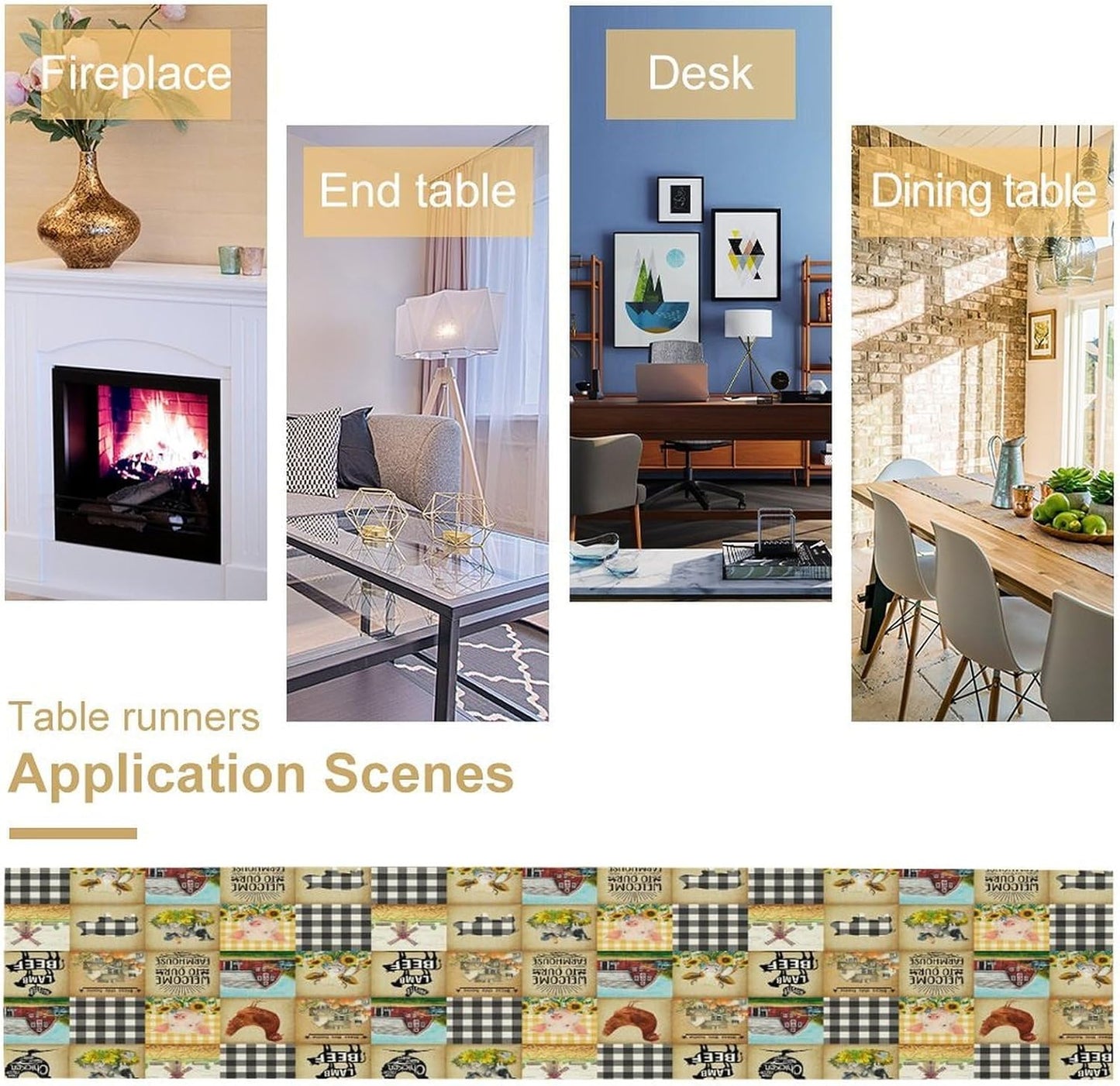 Farmhouse Animals Table Runner,Rustic Cabin Pig Chicken Cow Sunflowers Geometric Grids Burlap for Hotel Indoors Outdoor Dining Room Kitchen Holiday Party, 13x108in