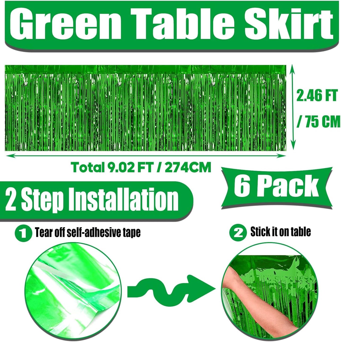 6 Pack 29x108 Inch Metallic Foil Fringe Tinsel Table Skirts Banner for Rectangle Tables Streamer Backdrop for Wedding, Birthday, Parade Floats, St Patrick Day Party Decoration(New Green)