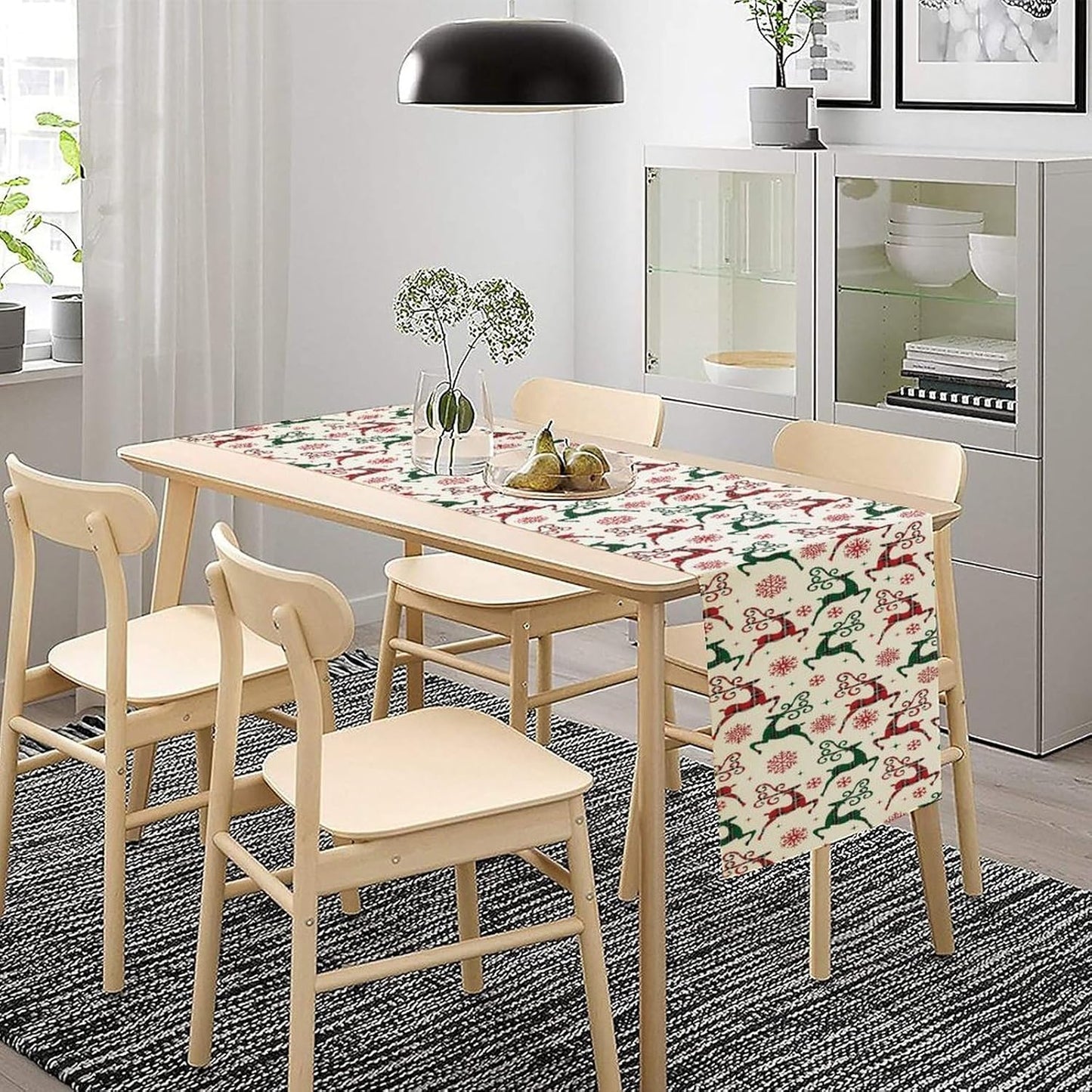 Christmas Table Runner,Christmas Plaid Deer Print Farmhouse Table Cloth Kitchen Dining Table Decoration for Home Party Decor 13x90 Inch
