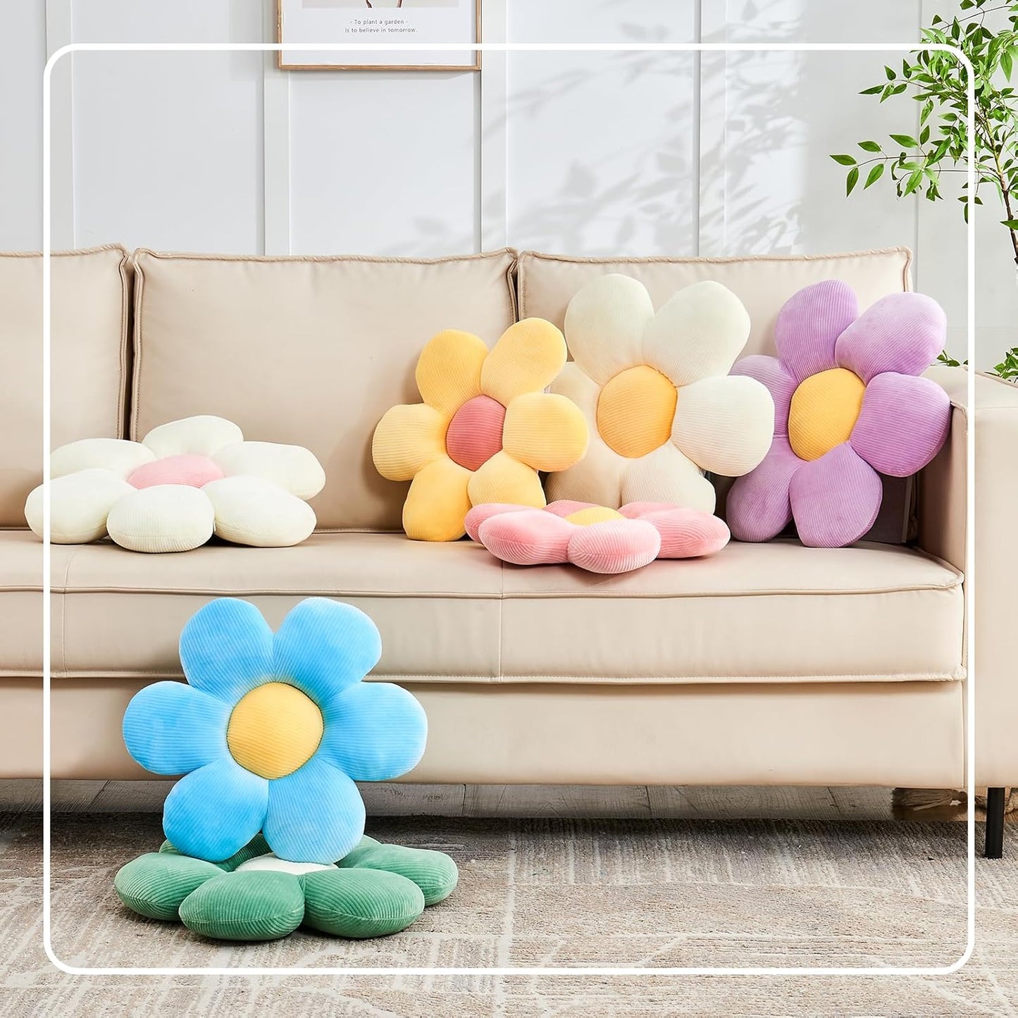 White Yellow Flower Pillow, 19.6" Cute Flower Shaped Floor Pillow, Aesthetic Floral Plush Daisy Decorative Throw Pillows for Bed Sofa Couch