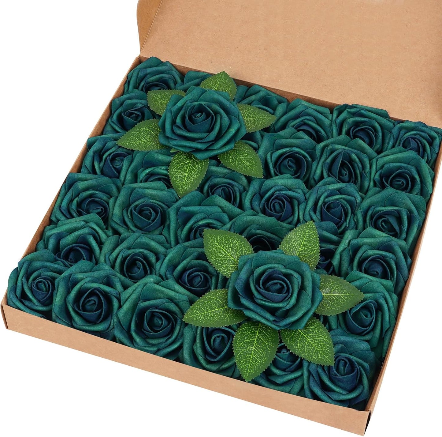 BLEUM CADE 36Pcs Artificial Flowers Fake Roses with Stems, Army Green Boxed Foam Roses for DIY Bouquets Centerpieces Wedding Party Arrangement Bridal Shower Decor