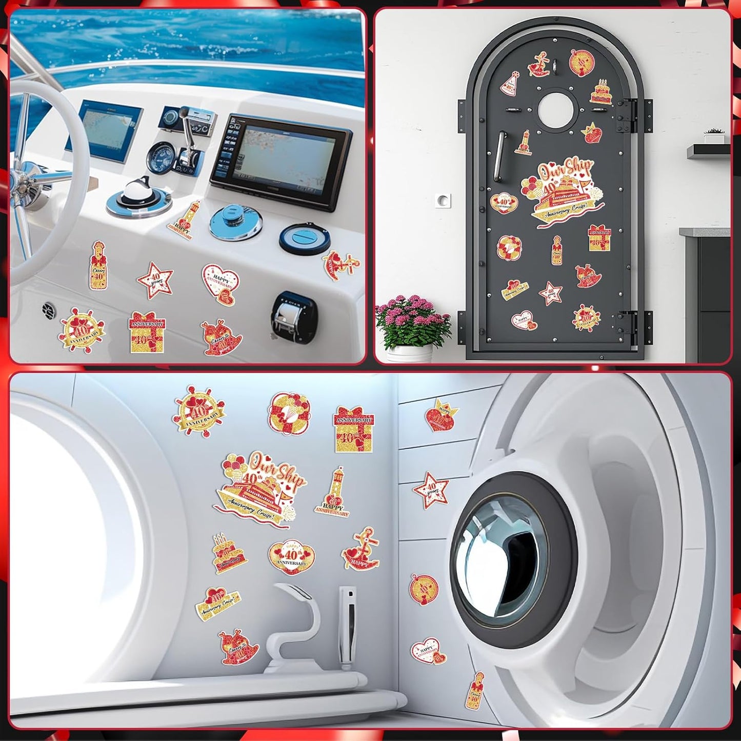 40th Anniversary Cruise Door Magnets Decorations Red Gold Happy 40th Anniversary Cruise Ship Door Decor Magnetic for Married in 1985 Men Women Wedding Party Refrigerator Fridge Car Kitchen Garage