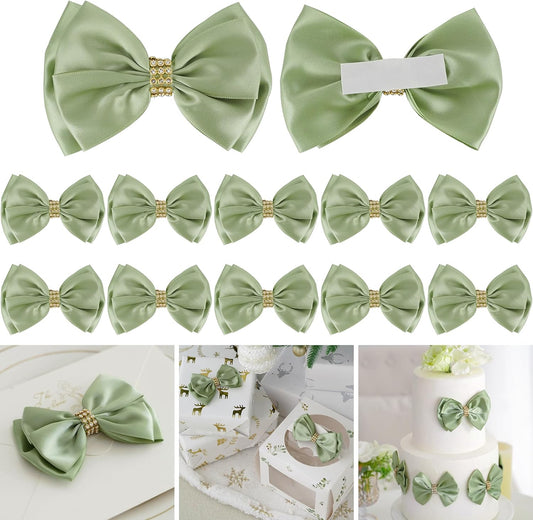 Sage Green Bows 4'' Premade Satin Ribbon Bow, Gift Bows with Rhinestone, Wrapping Bows for Presents, Greeting Cards, Treat Bags, Wine Bottles, Valentines Bows for Gift Wrapping-12 Counts
