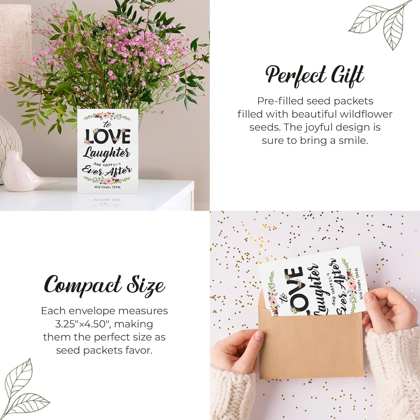 Pre-Filled Wildflower Seed Packet for Wedding Favor Baby Showers Bridal Shower Love Laughter and Happily Ever After Party Favors for Guests - Plant Year-Round Seed Mix - White Pack of 20
