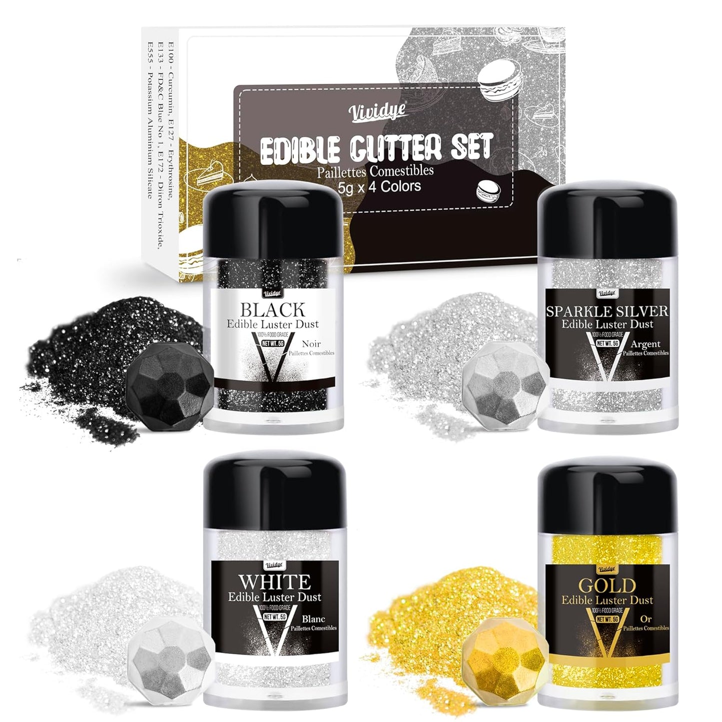 Edible Glitter - 4 Colors 5g / Bottles Luster Dust Edible Glimmer Powder for Sparkling Drinks, Foods, Wine, Cake, Beverage - Food Grade Shimmer Dust Powder for Cocktails, Baking, Halloween Decoration