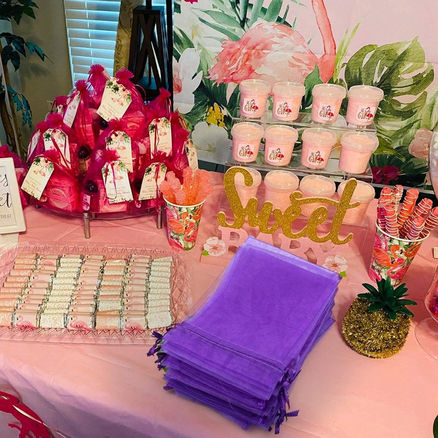 ANZNKU 100 PCS Small Organza Bags 4x6 Inches, Purple Gift Drawstring Pouches For Halloween Party Festival Earrings Cosmetic Favor Mesh Gift Bags