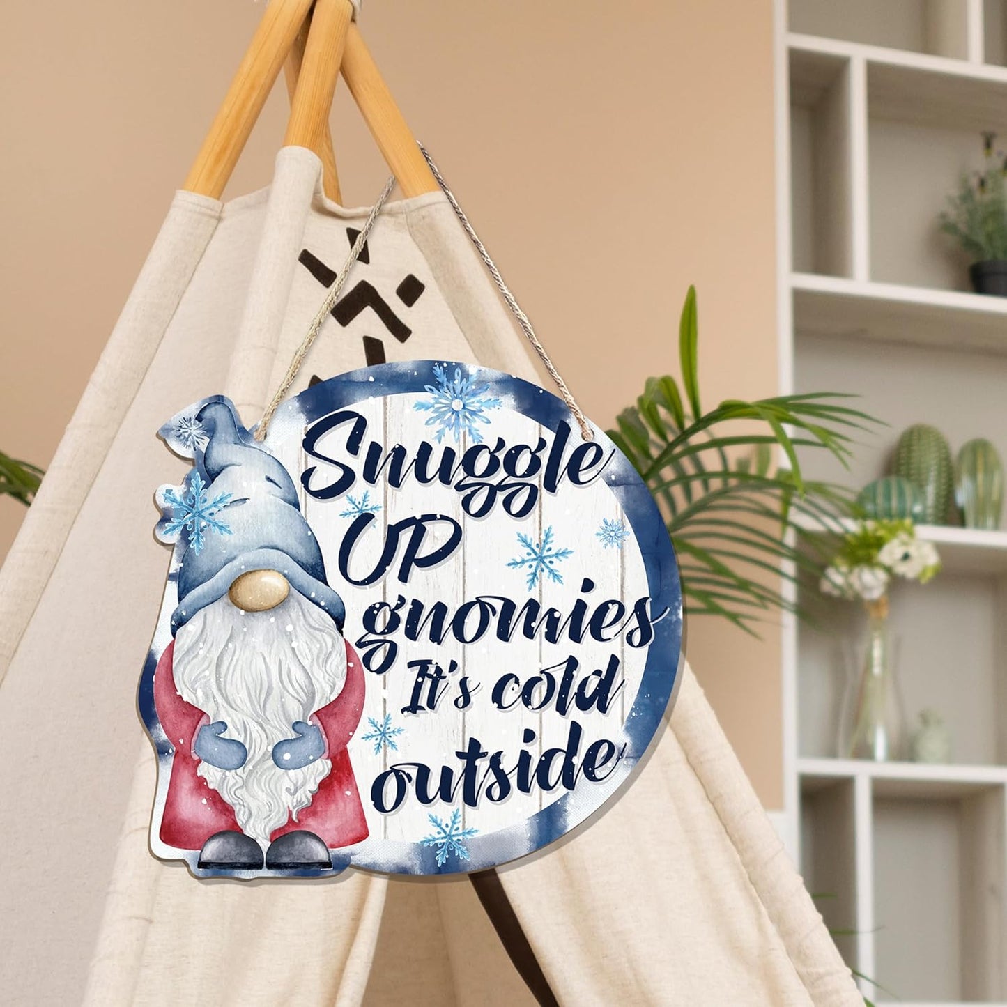 CGBHW Winter Snowflake Snowman Gnome Wooden Sign, Winter Wreath Christmas Holiday Vavy Blue Decoration Hanging Sign Wall Decor, Snuggle up Gnomies It’s Cold Outside Home Door Decor 12 x 12 Inch