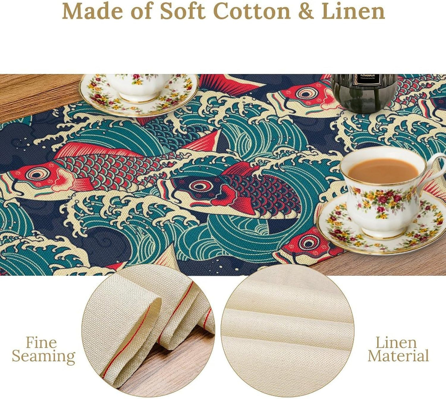 Kio Fish Table Runner Waves Japanese Tradition Art Printed Burlap Runner Home Kitchen Dining Table Living Room Decor Fabric 1 Panel W13xL60in