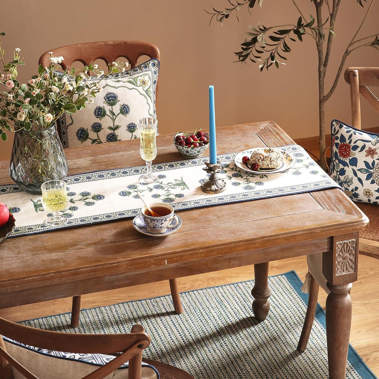 patdrea Designer Blue Rustic Elegant Floral Patterned Linen Table Runner 87 Inch Long,Wrinkle Resistant Table Mat,Decoration for Kitchen Dining and Coffee Tables Banquet Christmas , 12"x87"