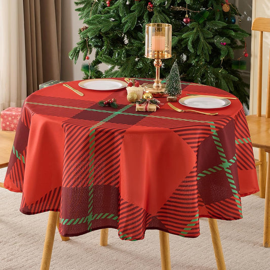 Christmas Tablecloth Round 60 Inch Waterproof, Machine Washable Checkered Polyester Table Cover for Xmas Party, Winter Holiday Home Decoration in Festive Checkered Red 1pack