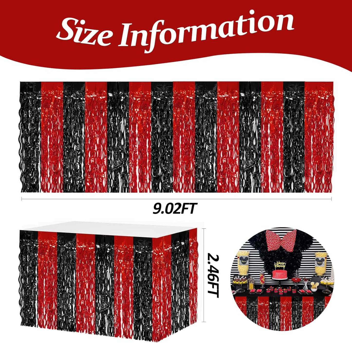 4P Wavy Metallic Tinsel Foil Fringe Table Skirts for Rectangle Tables Backdrop Garland Curtains for Parade Floats Wedding Birthday Parties Decoration Graduation 2025 Christmas (Black Red)