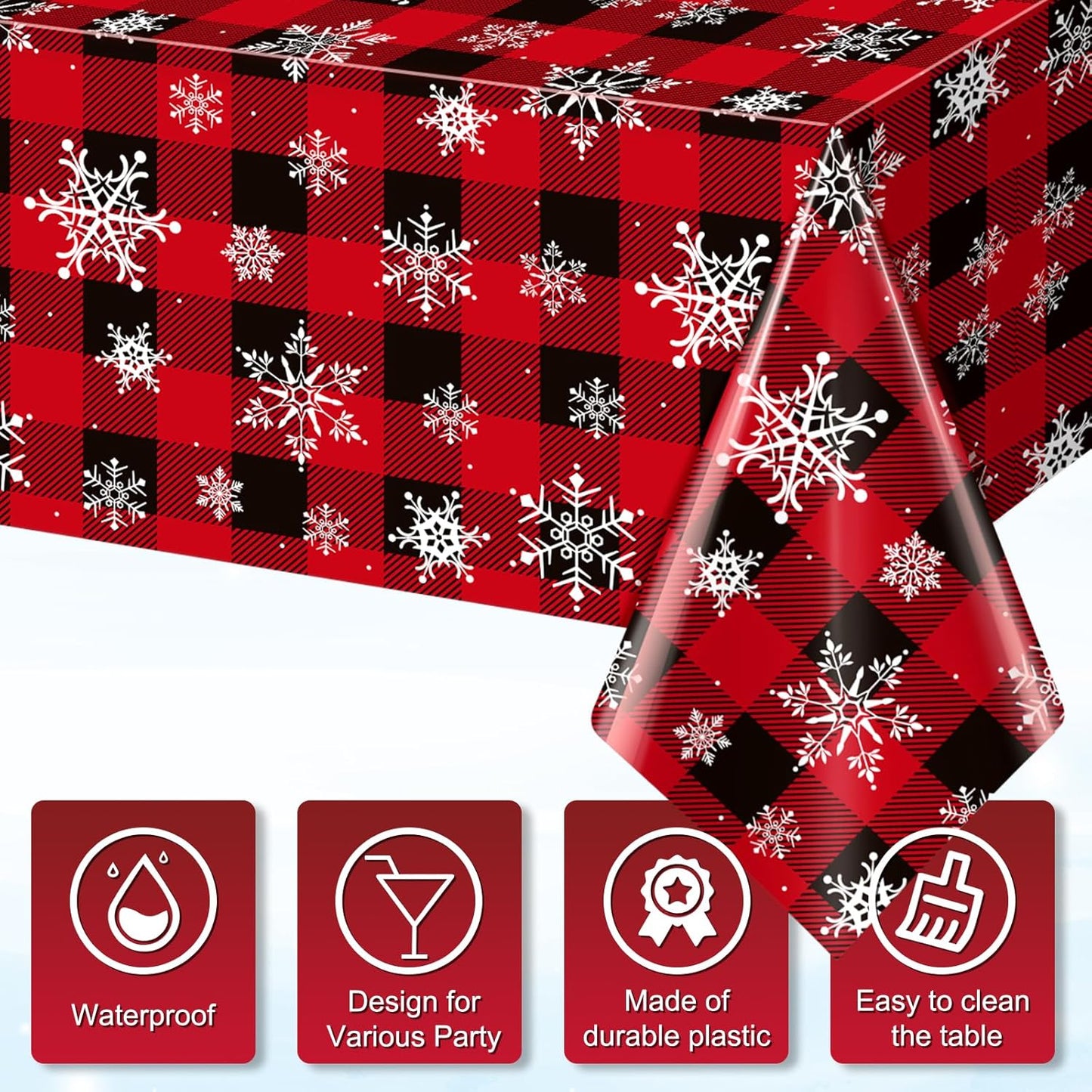 1 Pieces Red and Black Buffalo Plaid Merry Christmas Party Tablecloth Decorations,Plastic White Snowflake Buffalo Plaid Sign Table Cover for Winter Christmas Holiday Party Supplies,54x108 inch