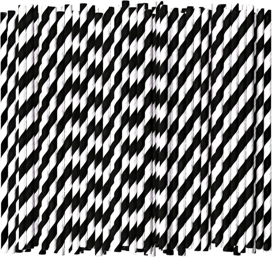 7.75'' Disposable Paper Drinking Straws Bulk, Black and White Striped - Unwrapped, Pack of 1000