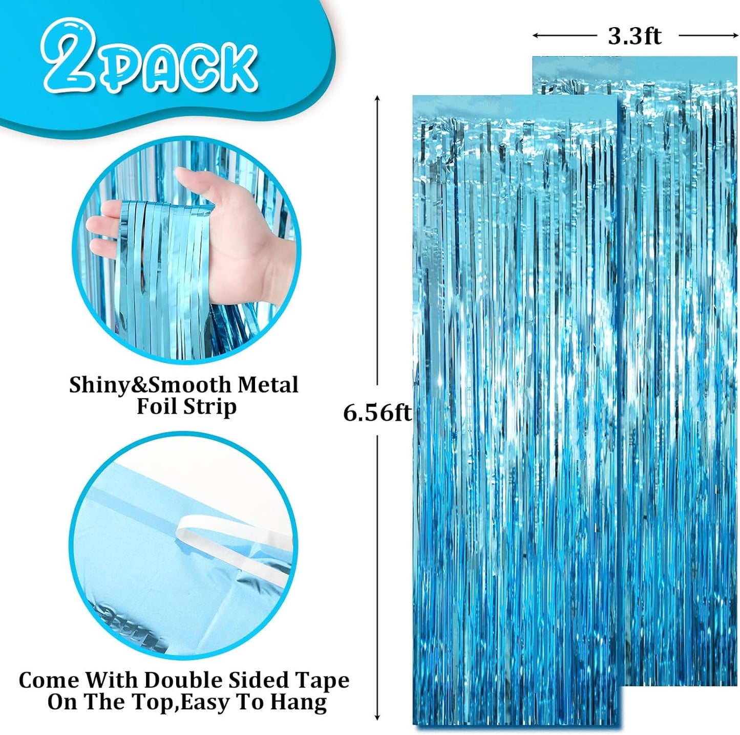 2 Pack Light Blue Tinsel Foil Fringe Curtains, Blue Party Decorations, Metallic Tinsel Party Streamers Backdrop for Birthday Baby Shower Graduation Wedding Anniversary Party Decorations
