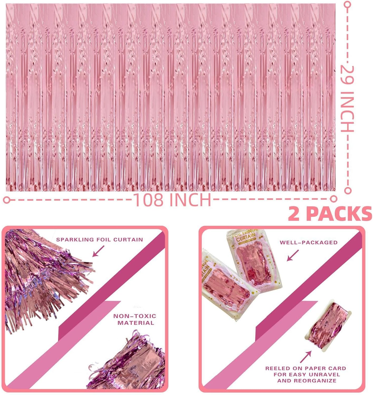 Pink Streamers Party Decorations, 2 Packs Pink Table Skirts Metallic Foil Fringe Tinsel for Birthday Bachelorette Girl Baby Shower Fiesta Float Parade Graduation Party Supplies -29x108Inch