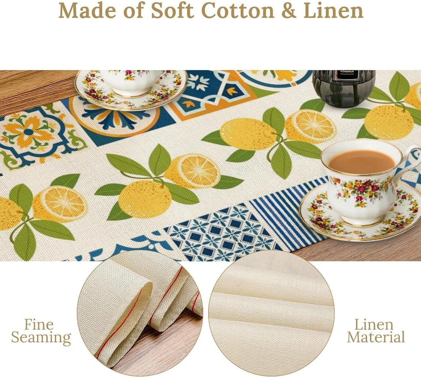 Lemon Table Runner,Watercolor Blue Fruits Green Leaves Print Table Cloth Kitchen Dining Table Home Party Decoration 13x108 Inch