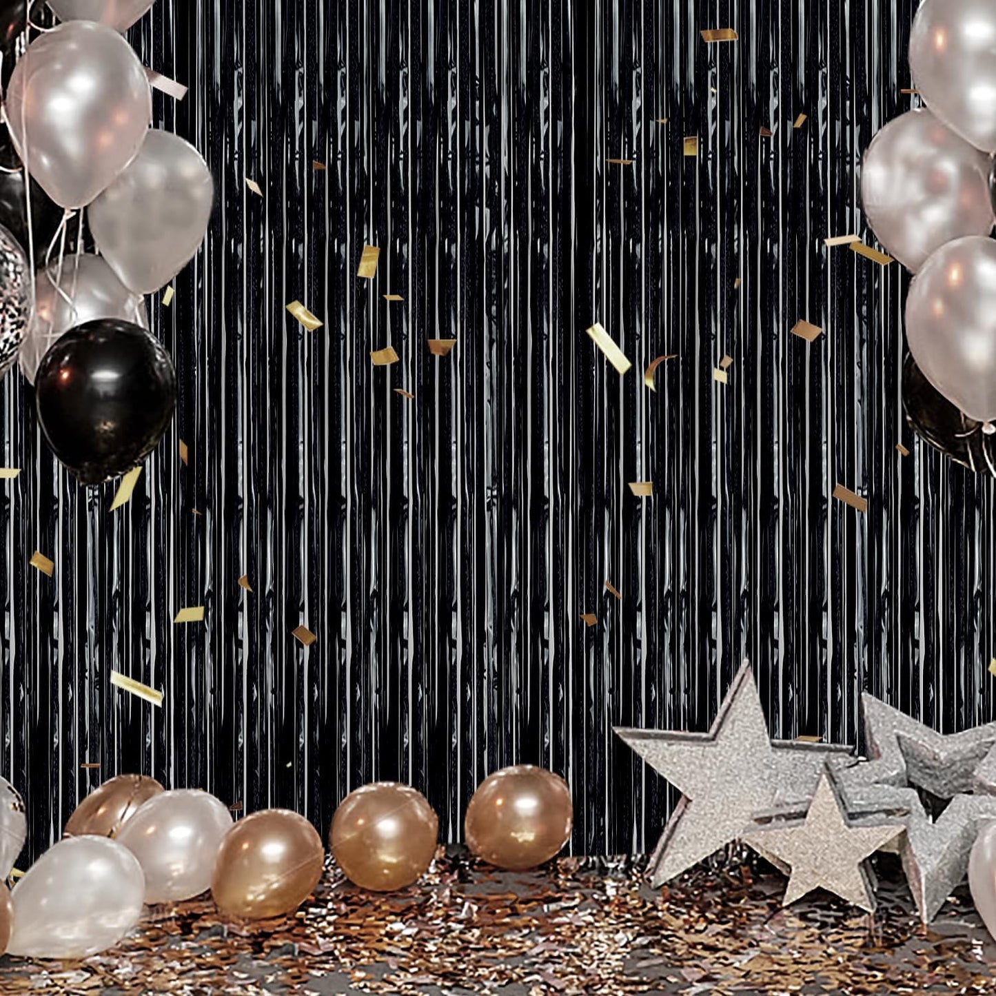 3 Pack Foil Fringe Backdrop - Laser Black Shiny Tinsel Curtains for Party Decoration/Photo Booth Props - 3.3x8.2 FT Metallic Foil Backdrop for Birthday, Wedding, Graduation, Christmas.