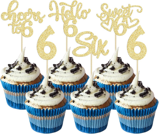 30Pcs 6th Birthday Cupcake Toppers Glitter Six Hello 6 Cupcake Picks Cheers to 6 Years Old Cake Decorations for 6th Birthday Party Supplies Gold