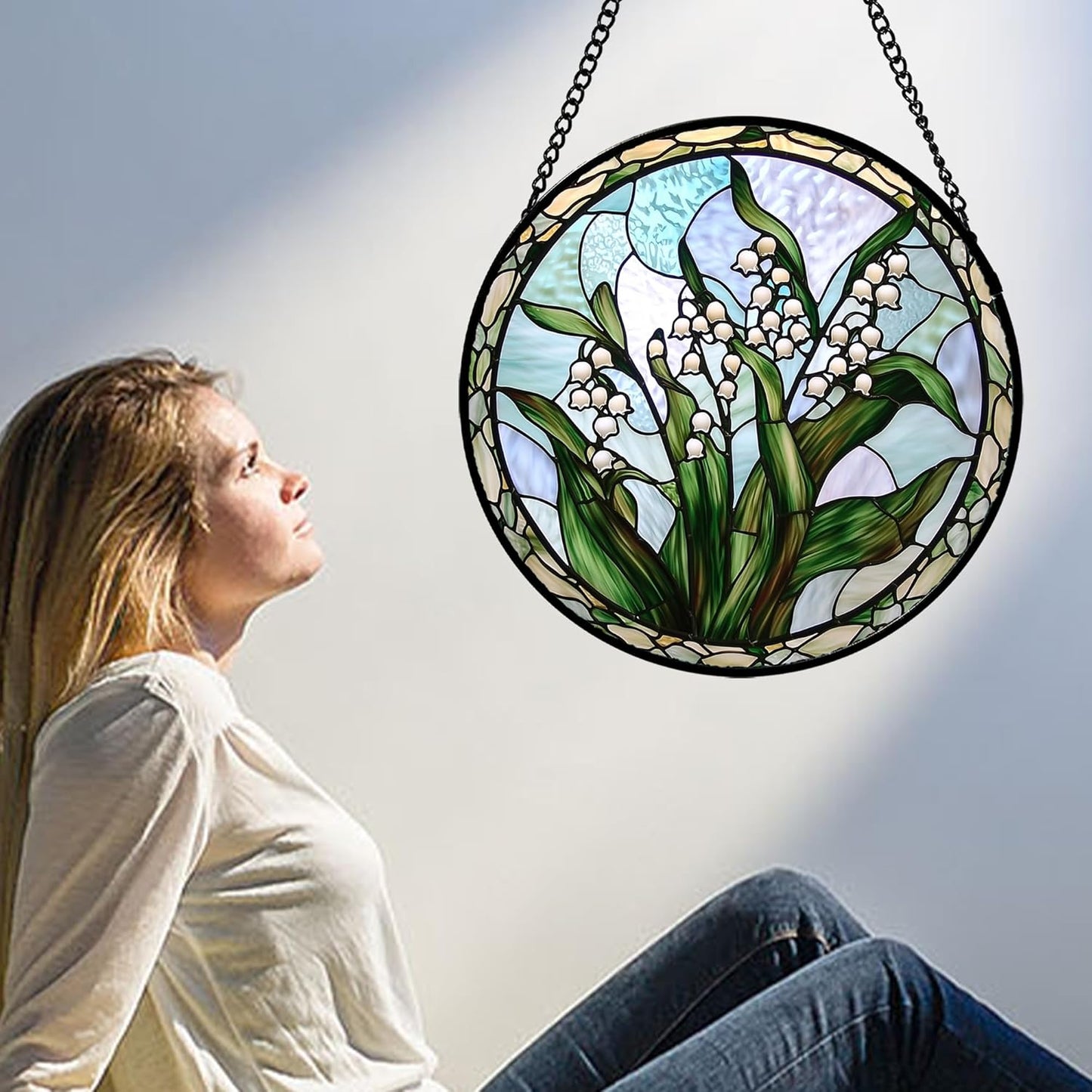 Stained Glass Window Hanging, White Green Lily of The Walley Flowers Sun Catcher for Door Home Decor Plants Suncatcher Christmas Mother's Day Birthday Gifts for Women Men Mom Nana 15 in