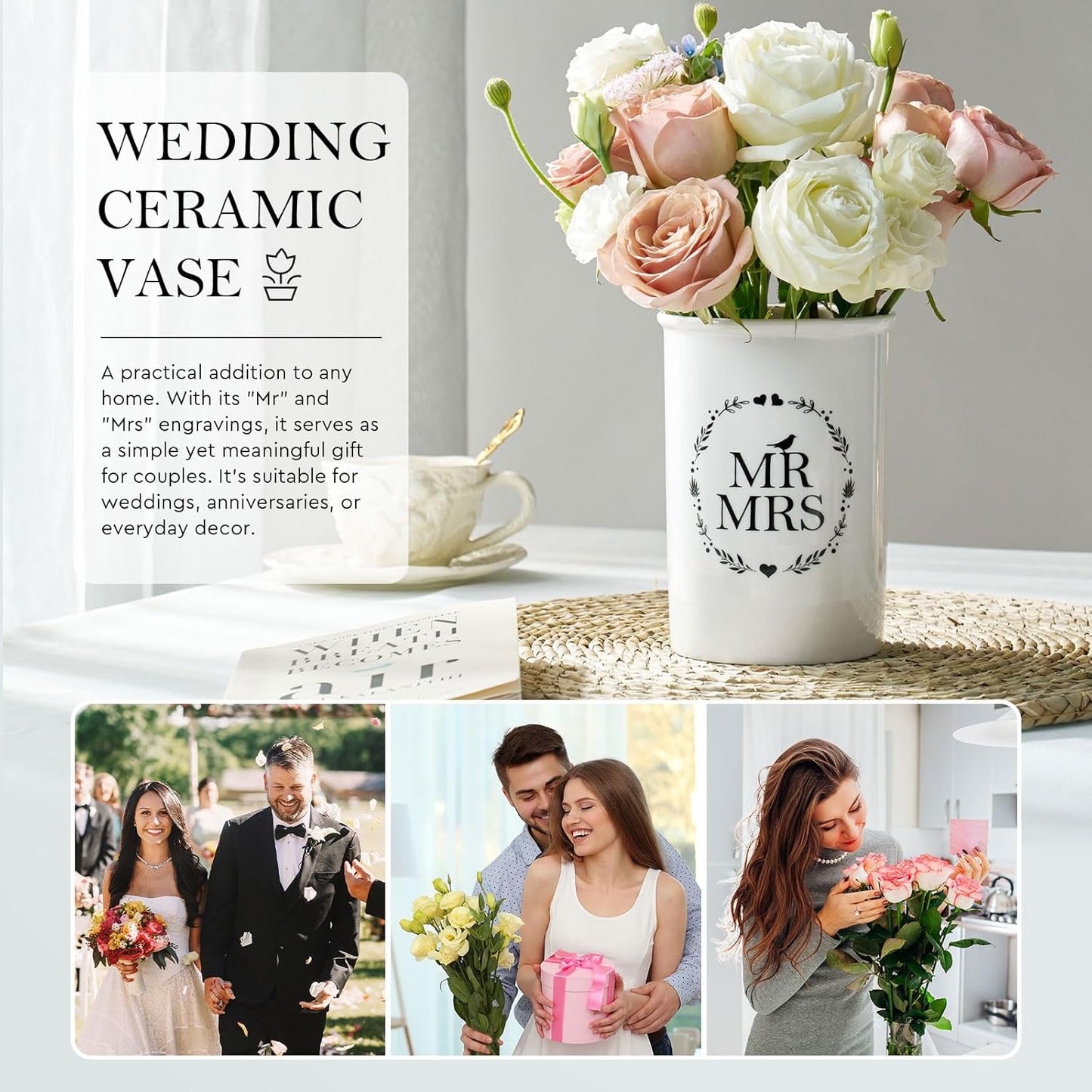 AW Bridal Mr and Mrs Wedding Vase Decorations, Bridal Shower Gifts for Bride, Wedding Table Decorations for Women Friends, Anniversary Engagement Gifts for Couples and Newly Engaged