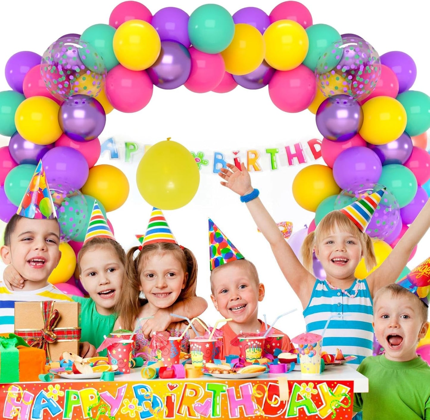 Patimate Birthday Balloons Set, 50 pcs 12 inch Hot Pink Metallic Purple Yellow Teal Confetti Latex Balloons Kit for Kid's Birthday Baby Shower Magic Theme Party Decorations