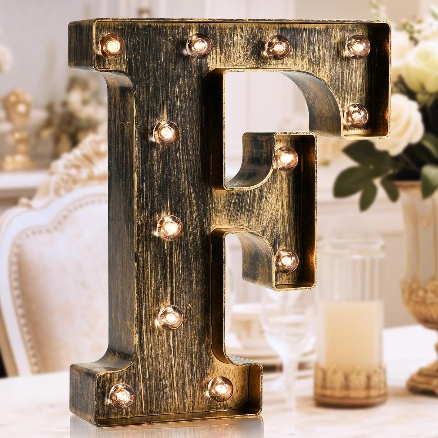 OYCBUZO Golden Black Led Marquee Letter - Industrial, Vintage Style Light Up Alphabet Letter Sign for Cafe Wedding Birthday Party Christmas Lamp Home Bar Initials Decor - F