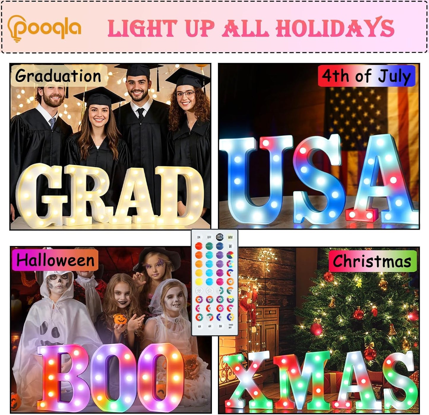 Pooqla Colorful Light Up Letters with Remote, Upgraded 35 Colors LED Marquee Letters, RGB Lighted Letter for Girls Teenager Gift, Birthday, Party, Wedding, Night Light, Room, Bedroom Decor, Letter D