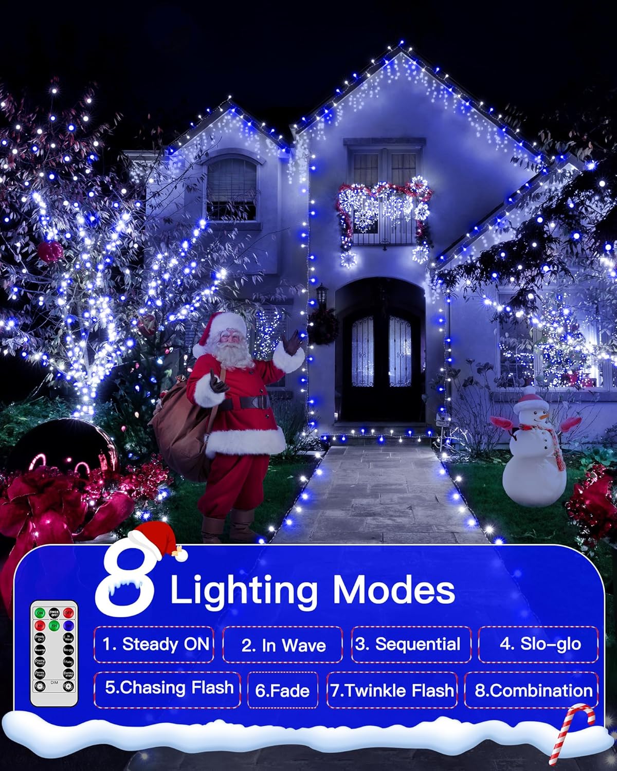Christmas Lights Outdoor Waterproof, 196FT 600LED String Lights with Remote,8 Modes LED Lights Plug in Twinkle Fairy Light for Party Holiday Decor (Blue+White)
