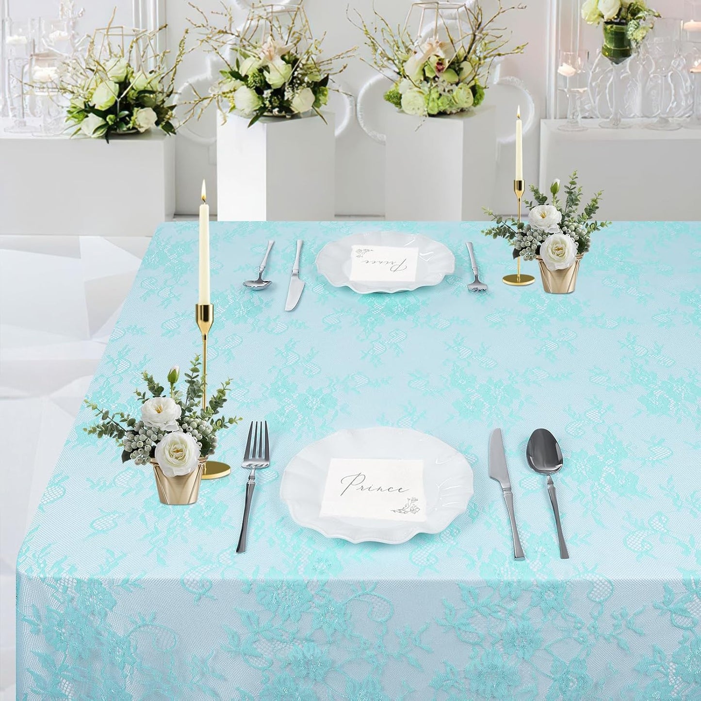 LuoluoHouse Lace Tablecloth Rustic Table Fabric Blue 60x120 Inch for Boho Wedding Bridal Shower Party Decoration Rectangle Overlay Long Vintage Embroidered Reception Table Cloth Decor