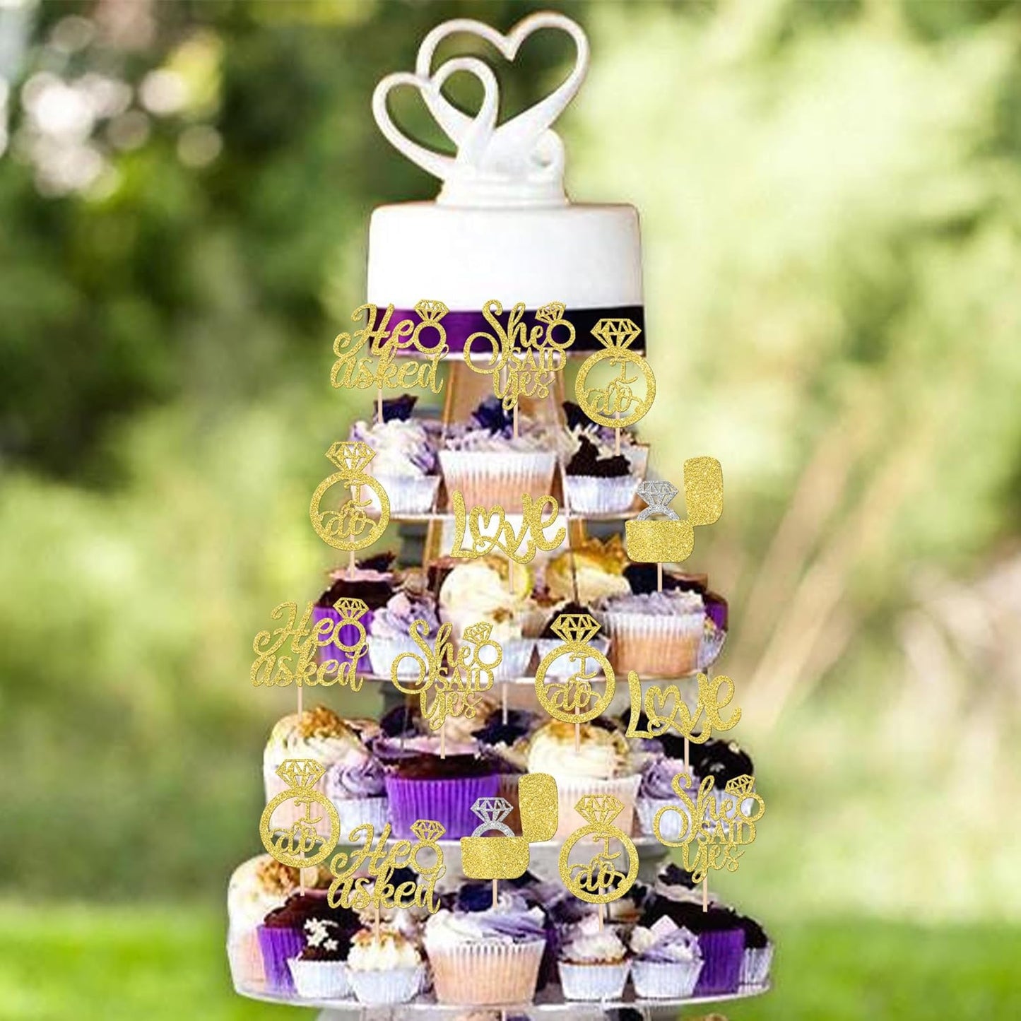 30 PCS He Asked She Said Yes Cupcake Toppers Love I Do Diamond Ring Cupcake Picks for Wedding Enaggement Bridal Shower Party Cake Decorations Supplies Gold