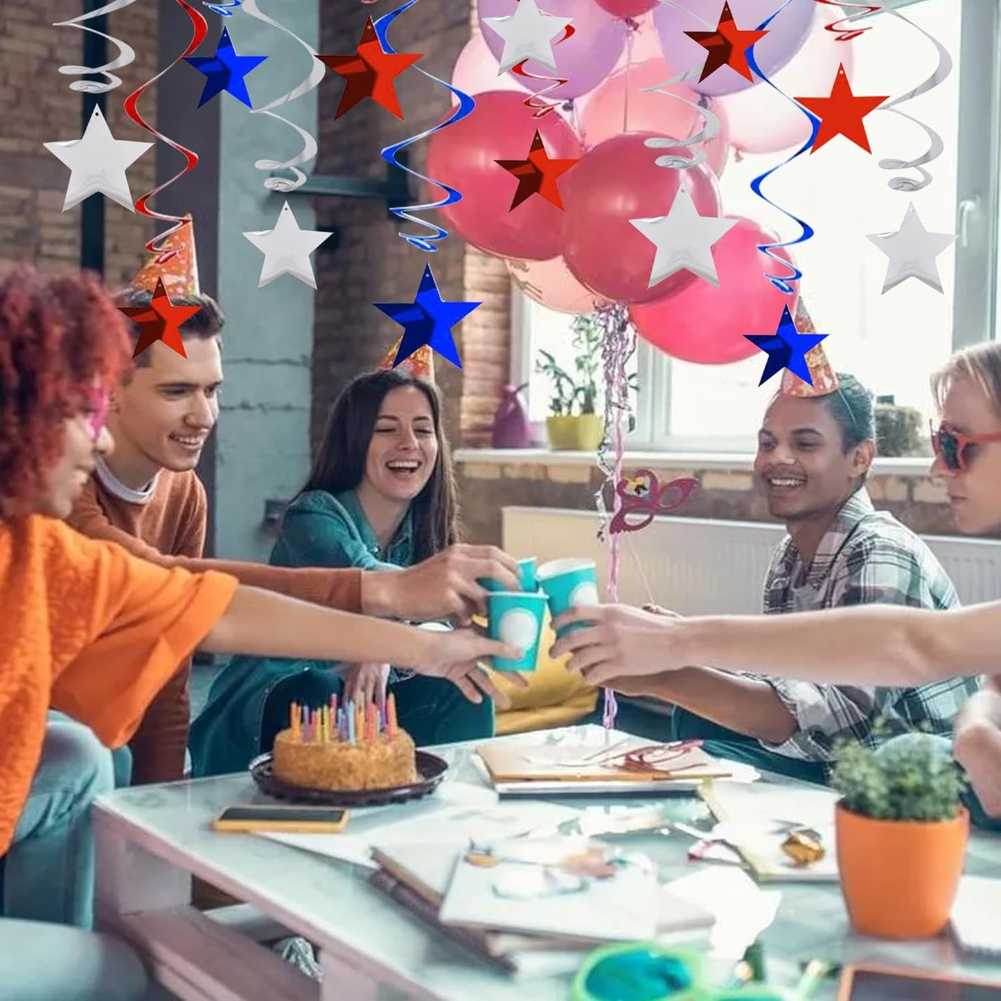 BEISHIDA Red Blue Silver Star Hanging Swirl Decorations,July 4th Hanging Party Supplies for July 4th Graduation Wedding Baby Shower Birthday Decorations,Pack of 15