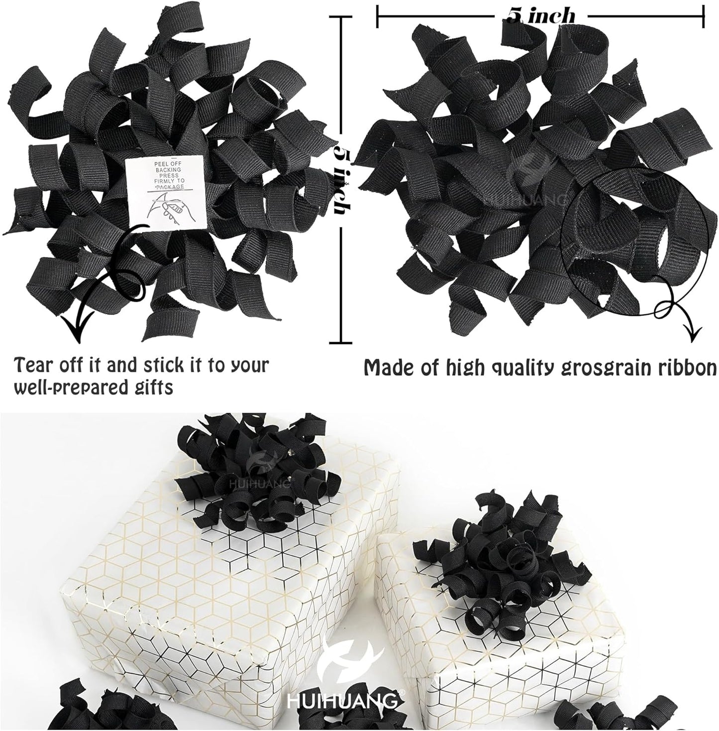 HUIHUANG Black Bows for Gift Wrapping, Black Curly Ribbon Bows Self Adhesive Burst Gift Bow for Christmas Presents, Wine Bottle, Treat Bags, Birthday, Holiday Party Favors - 6 Counts
