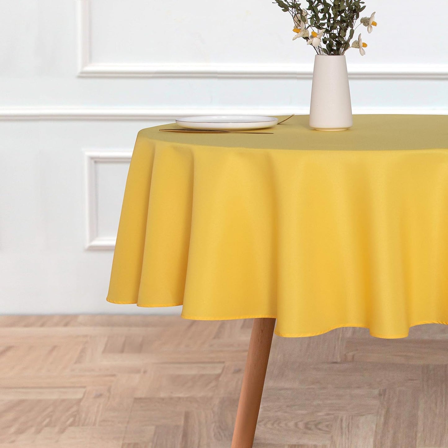 sancua Round Tablecloth - 80 Inch - Water Resistant Spill Proof Washable Polyester Table Cloth Decorative Fabric Table Cover for Dining Tables, Buffet Parties and Camping, Yellow