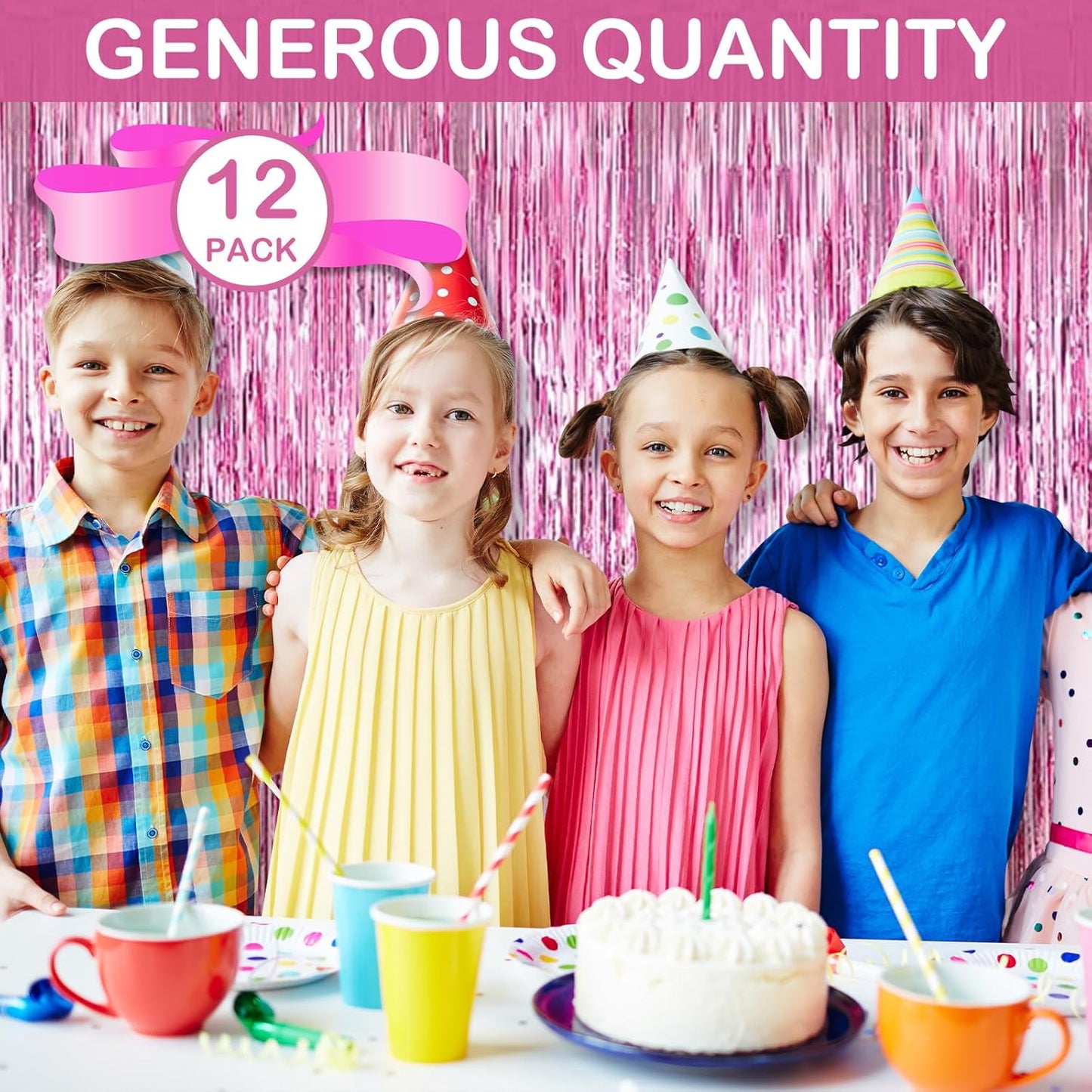 Pink Fringe Curtain Party Streamers, 12 Pack 3.3ft x 8.2ft Foil Curtain Backdrop Tinsel Foil Fringe Curtains Photo Booth Backdrop Streamer for Birthday, Wedding, Baby Shower, Disco Party