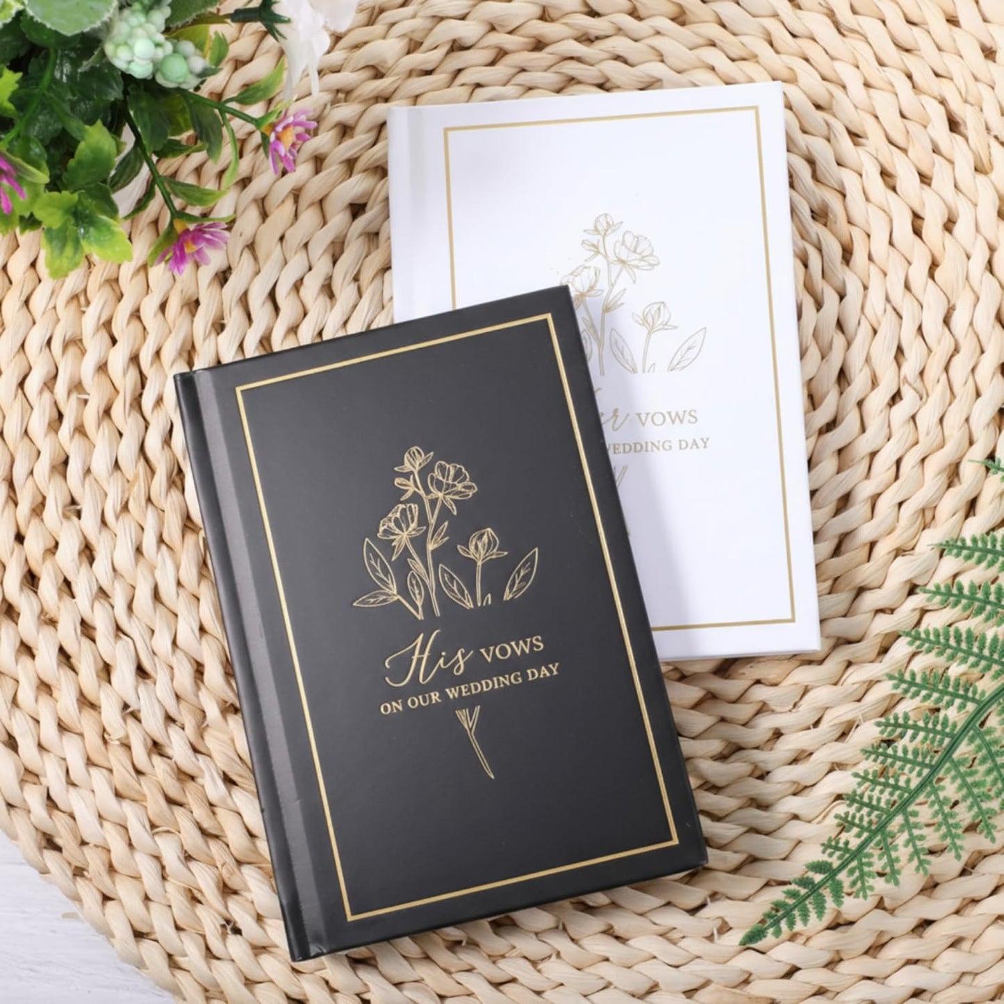 Set of 2 Vow Books His and Hers, Wedding Vow Books (6.06x4.17) Wedding Keepsake Essentials Elegant Bridal Shower Ceremony Gift Elopement Essentials (Black White,Floral)