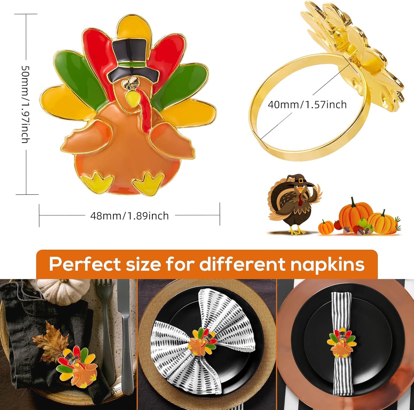 Halatool Thanksgiving Turkey Napkin Rings Set of 6, Alloy Fall Napkin Rings Dinner Tables Holders for Thanksgiving Weddings Holidays Gathering Dinner Party Decorations