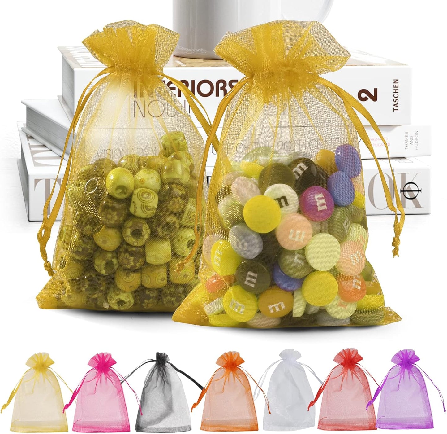 ANZNKU 100 Pack Organza Bags, 4 x 6 inch Small Premium Golden Favor Bags with Drawstring, Sheer Jewelry Mesh Bag, Mesh Gift Bag for Wedding Party Christmas