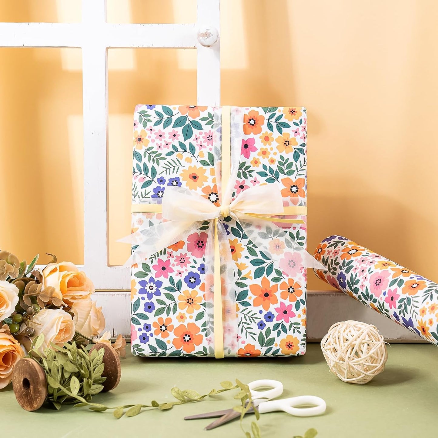 WRAPAHOLIC Kraft Floral Wrapping Paper Roll - Mini Roll - 17 Inch x 16.5 Feet - Ditsy Flower Wrapping Paper, Perfect for Wedding, Birthday, Bridal Shower, Tea Party