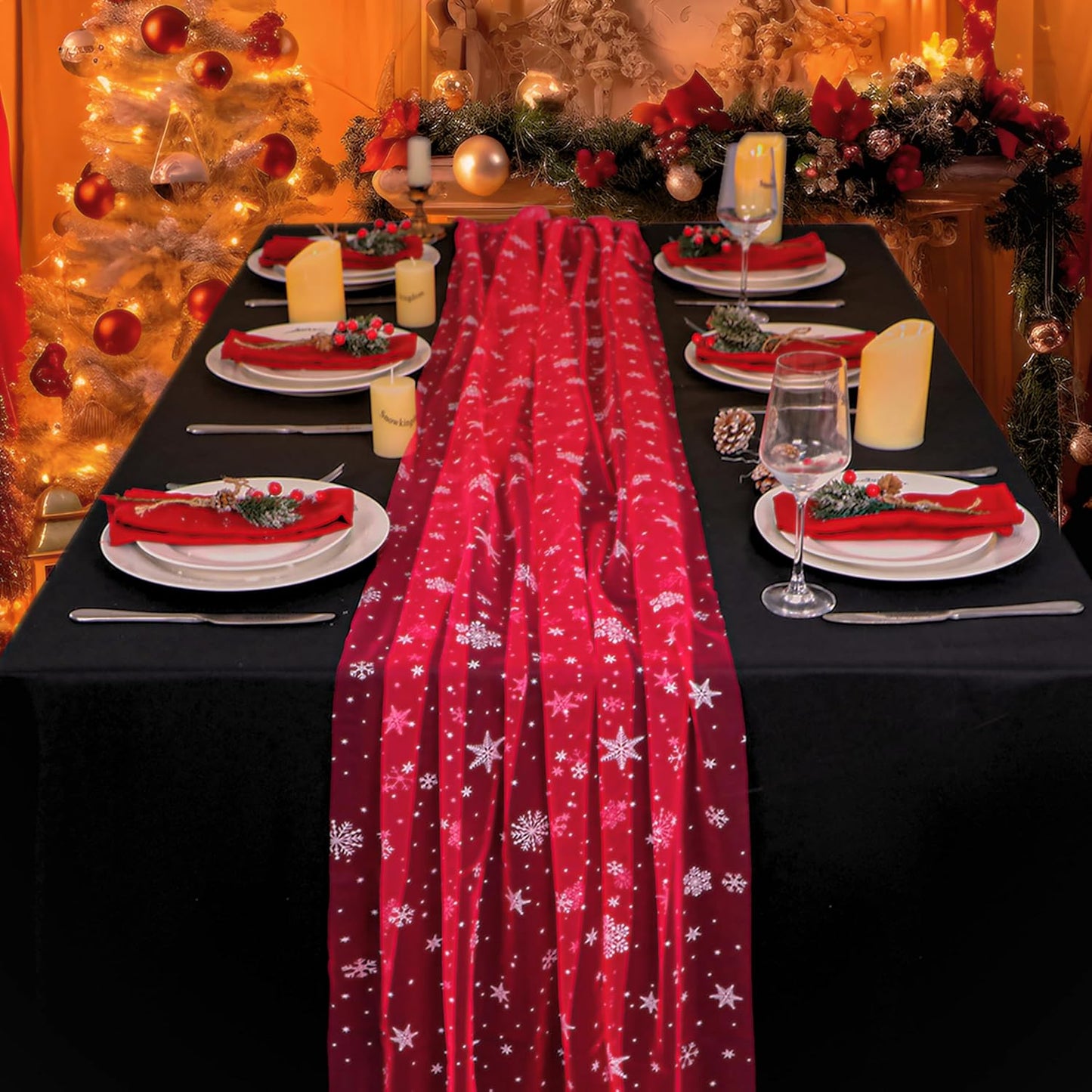 Snowkingdom Red Christmas Table Runner, Red and White Snowflakes Cheesecloth Table Runner, Chiffon Gauze Seasonal Winter Kitchen Dining Decorations for New Year Home Party Decor 120 Inch