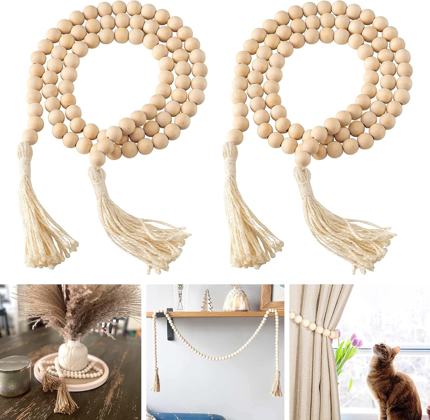 DECORKEY Farmhouse Wood Beads Garland, 2 Pack 58 Inch Wooden Beads for Boho Home Decor with Tassels, Rustic Country Decor for Coffee Table, Wall, Shelf, Tray, Vase, Living Room, Bedroom