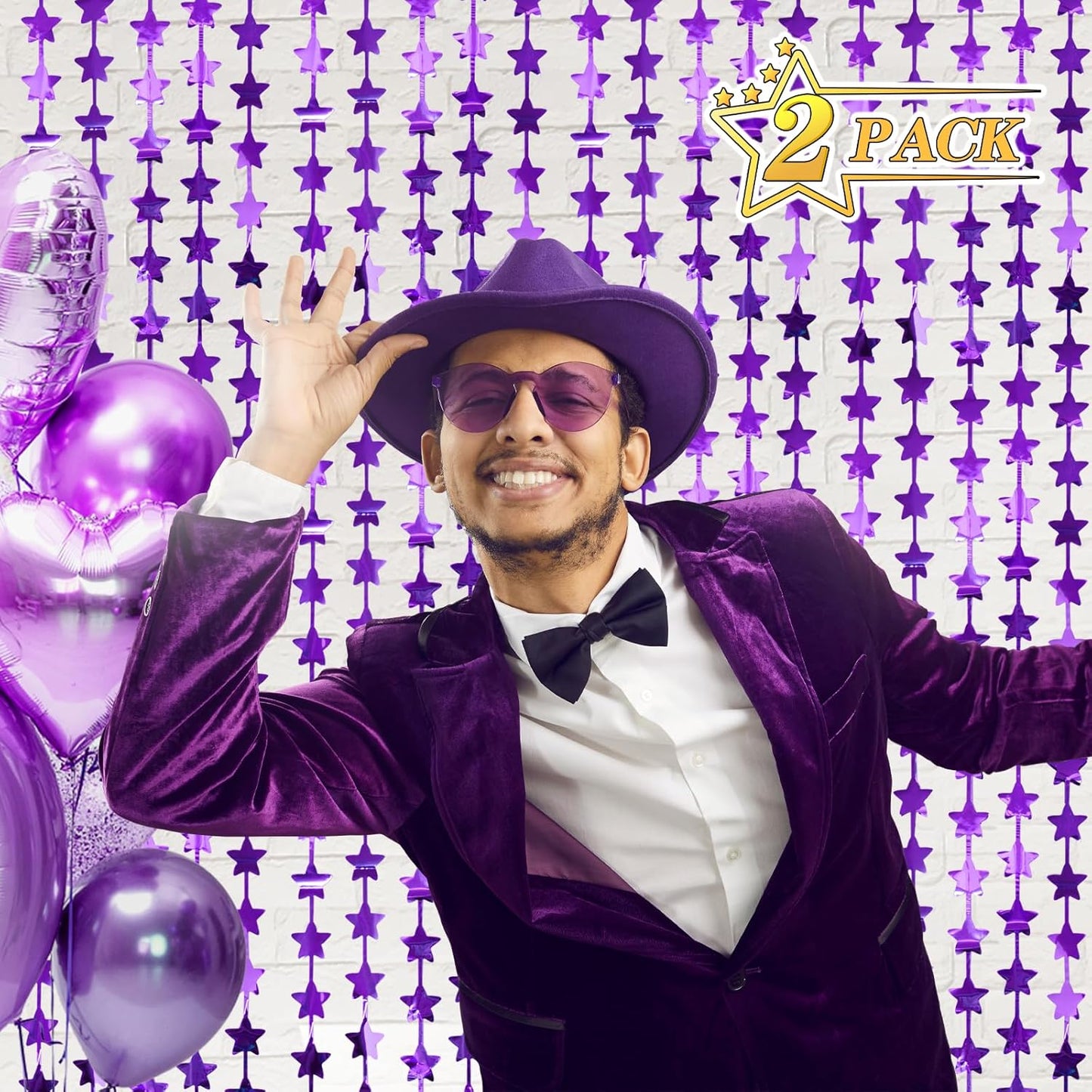 LOLStar 2Pack Purple Glitter Stars Birthday Decorations 3.3X6.6ft Each Lilac Purple Star Backdrop Foil Fringe Curtains for Girl, Graduation Engagement Wedding Baby Shower Disco Anniversary Party Decor