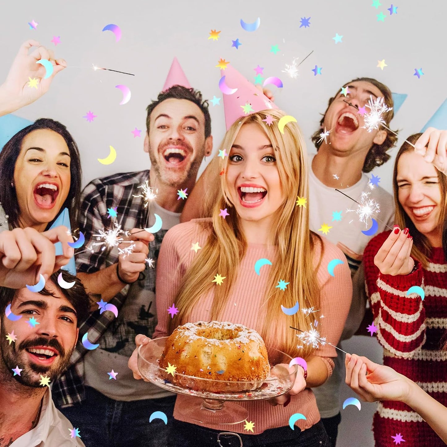 MARFOREVER Holographic Star Moon Confetti, Glitter Birthday Star Scatter Table Confetti Iridescent Sequins Sprinkles Metallic Foil Moon Stars for DIY Wedding Festival Party Decorations(10 mm, Silver)