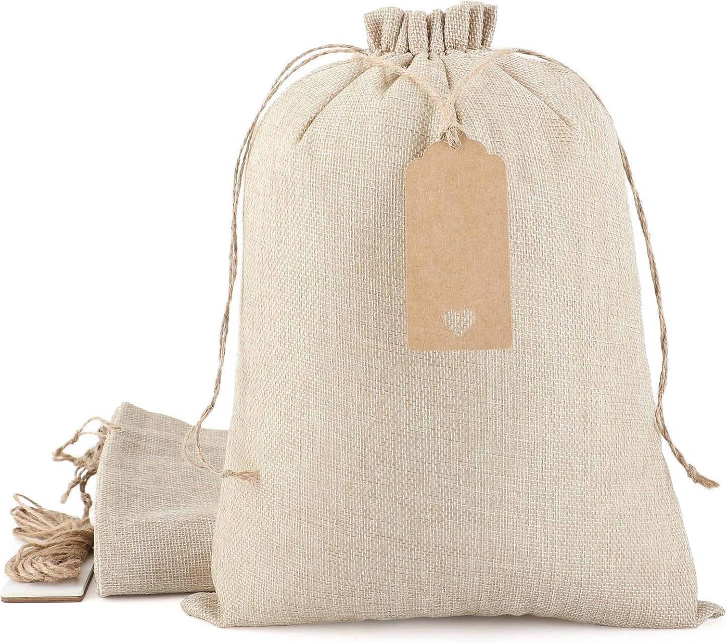 Tapleap Burlap Gift Bags with Drawstring - 10Pcs 10x14 Original Sacks with String and Tags for Wrapping Halloween Favors, Clothes, Toiletries, Breads, For Birthday, Wedding or Household Use